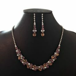 WONA TRADING Multi Color Pear And Round Cut Crystal Silver Necklace