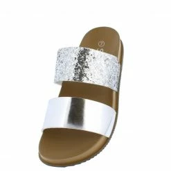 SUP 1101 Silver Two Tone Metallic Slide On Sandal Flat Sandal