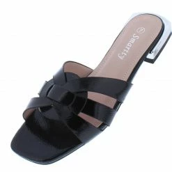 SUP Pamela107 Black Woven Square Open Toe Flat Slide Sandal Shoes