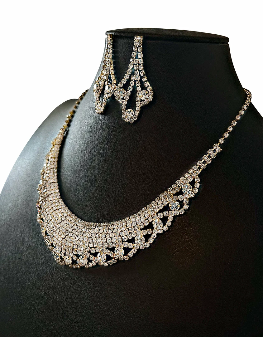 WONA TRADING Accessories Rhinestone Bib Gold Necklace And Earring Set 4 WONA TRADING Accessories Rhinestone Bib Gold Necklace And Earring Set