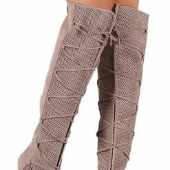 QUPID Ara140x Taupe Suede Pu Peep Toe Perforated Lace Up Boot Boots