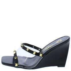 MACHI What's New Ayden Black Stud Trimmed Lucite Open Toe Wedge Heel