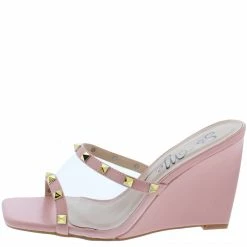 MACHI Ayden Pink Stud Trimmed Lucite Open Toe Wedge Heel