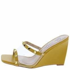 MACHI Ayden Yellow Stud Trimmed Lucite Open Toe Wedge Heel