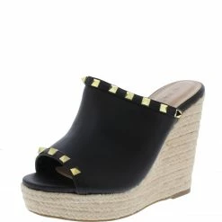 Legend Ayla61 Black Pu Studded Open Toe Platform Espadrille Wedge