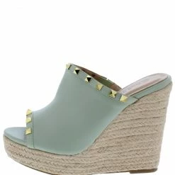 Legend Ayla61 Green Pu Studded Open Toe Platform Espadrille Wedge