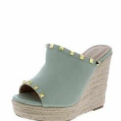 Legend Ayla61 Green Pu Studded Open Toe Platform Espadrille Wedge