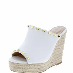 Legend What's New Ayla61 White Pu Studded Open Toe Platform Espadrille Wedge