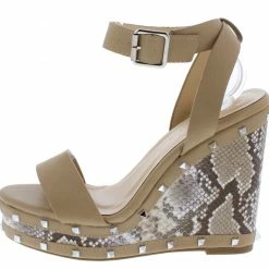 Legend Shoes Ayla66 Taupe Pu Snake Open Toe Ankle Wrap Strap Wedge
