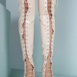CAPE ROBBIN Abril1 Nude Open Toe Knee High Boots With Front Lace Up 8 CAPE ROBBIN Abril1 Nude Open Toe Knee High Boots With Front Lace Up