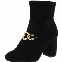 SHOE MAGNATE Anesha6 Black Fringe Chain Almond Toe Ankle Boot Boots