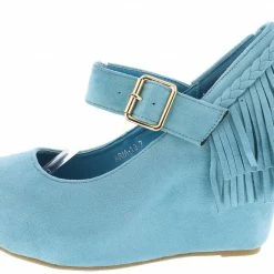SPRINGLAND Shoes Aria10 Light Blue Suede Braid Fringe Mary Jane Wedge