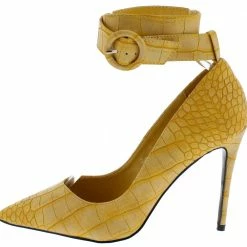 CAPE ROBBIN Shoes Armor Mustard Faux Croc Pointed Toe Ankle Strap Stiletto Heel