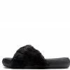 QUPID Basa08xx Black Faux Fur Cross Strap Flat Slide Sandal Shoes