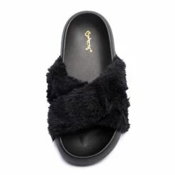 QUPID Basa08xx Black Faux Fur Cross Strap Flat Slide Sandal Shoes