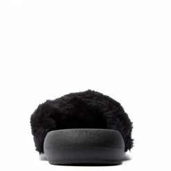 QUPID Basa08xx Black Faux Fur Cross Strap Flat Slide Sandal Shoes