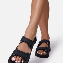Lemonade Shoes Brodi Black Dual Strap Open Toe Flat Sandal