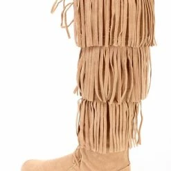 Forever Link Baylee10 Beige Knee High Lace Up Multi Layer Fringe Boot Boots