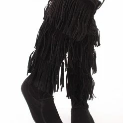 Forever Link Baylee10 Black Knee High Lace Up Multi Layer Fringe Boot