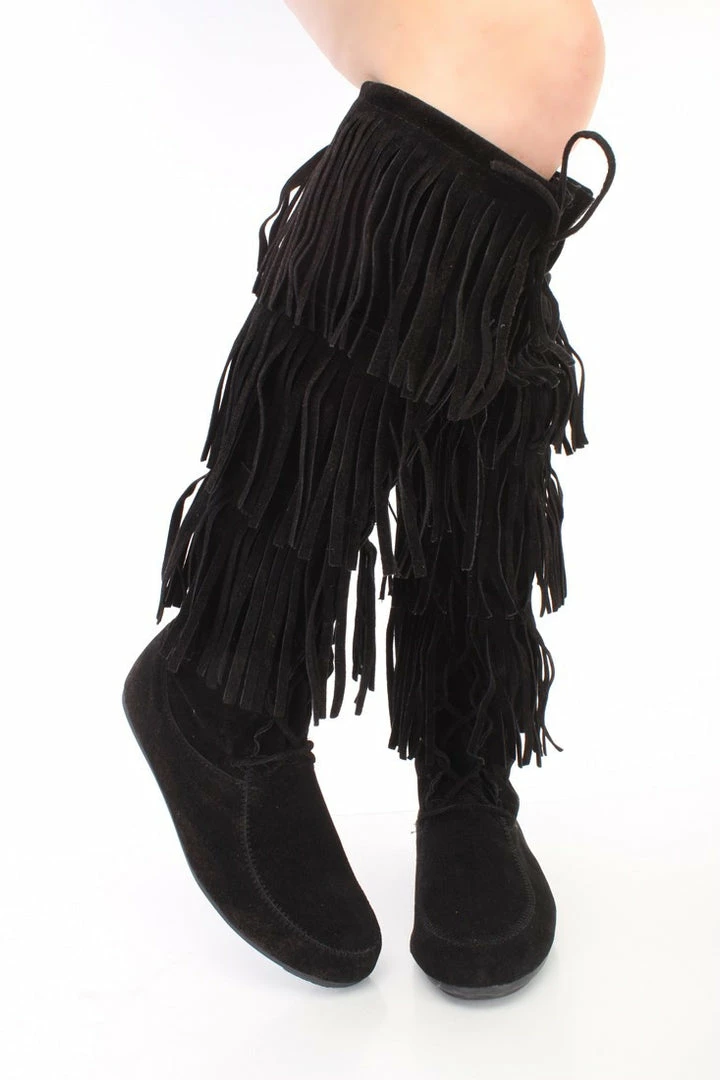 Forever Link Baylee10 Black Knee High Lace Up Multi Layer Fringe Boot 4 Forever Link Baylee10 Black Knee High Lace Up Multi Layer Fringe Boot