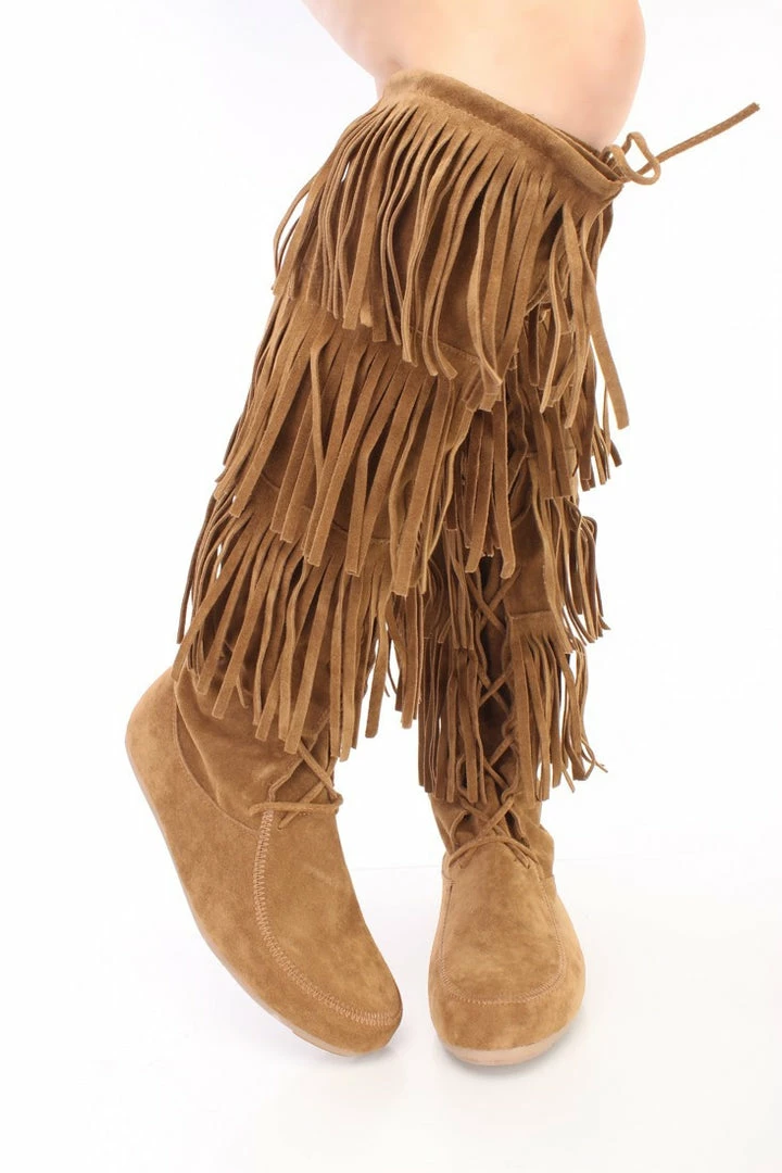 Forever Link Baylee10 Tan Knee High Lace Up Multi Layer Fringe Boot Boots 4 Forever Link Baylee10 Tan Knee High Lace Up Multi Layer Fringe Boot Boots