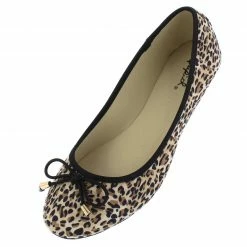 QUPID Bee99 Camel Leopard Suede Pu Round Toe Tied Bow Ballet Flat