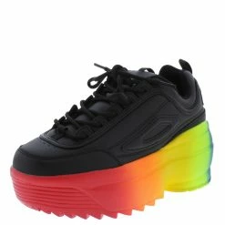 CAPE ROBBIN Sonia077 Black Rainbow Platform Lace Up Sneaker Flat What's New
