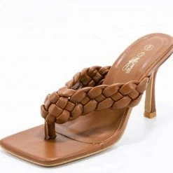 Mata Braids1 Tan Braided Thong Open Toe Mule Heel Shoes