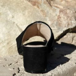 QUPID Shoes Cass02 Black Suede Pu Peep Toe Ruffle Mule Sandal