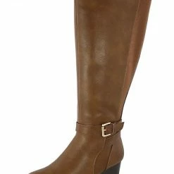 TOP GUY Boots Celine1 Tan Knee High Side Buckle Wedge Boot