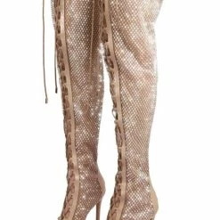 Wholesale Fashion Shoes Sales Store 14 CAPE ROBBIN Cersei Nude Sparkle Lace Up Over The Knee Boot