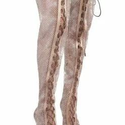 CAPE ROBBIN Cersei Nude Sparkle Lace Up Over The Knee Boot