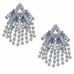 FASHION BELLA Crystal Silver Cluster Fringe Earrings
