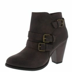 Forever Link Camila64 Brown Distressed Multi Buckle Strap Stacked Ankle Boot What's New