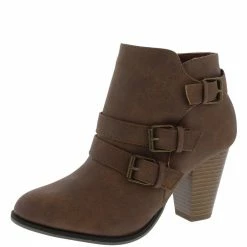 Forever Link Camila64 Tan Distressed Multi Buckle Strap Stacked Ankle Boot What's New