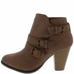 Forever Link Camila64 Tan Distressed Multi Buckle Strap Stacked Ankle Boot What's New