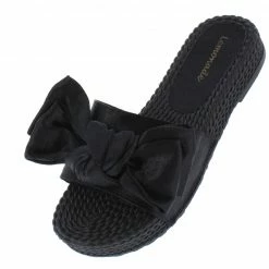 Lemonade Shoes Carmel Black Tied Bow Open Toe Mule Slide Flat Sandal