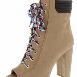 QUPID Cashmere32x Warm Taupe Suede Pu Peep Toe Lace Up Boot Boots