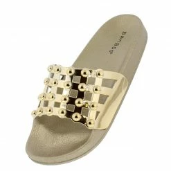 JP Chrome01s Gold Open Toe Stud Caged Mule Slide Sandal