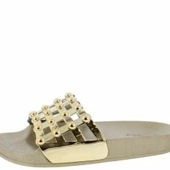 JP Chrome01s Gold Open Toe Stud Caged Mule Slide Sandal