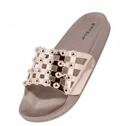 JP Shoes Chrome01s Rose Gold Open Toe Stud Caged Mule Slide Sandal