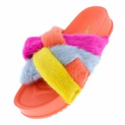 Mata Shoes Cuddle16 Orange Multi Faux Fur Open Toe Slide Sandal