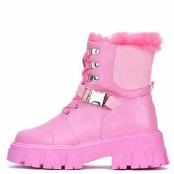 CAPE ROBBIN What's New Darth Blush Lace Up Buckle Faux Fur Combat Boot