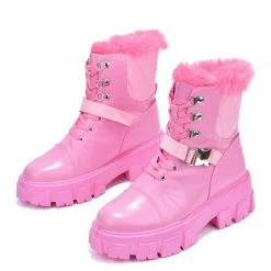 CAPE ROBBIN What's New Darth Blush Lace Up Buckle Faux Fur Combat Boot