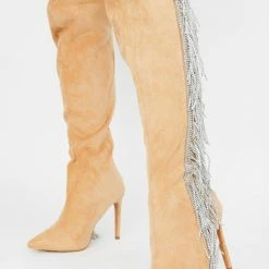 CAPE ROBBIN Dazzlyn Nude Sparkle Fringe Over The Knee Boot Boots