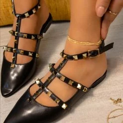 Mata What's New Diamonds Black Pointed Toe Rock Stud Caged Flat
