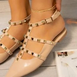 Mata What's New Diamonds Nude Pointed Toe Rock Stud Caged Flat