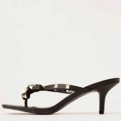 Legend Ellie24 Black Stud Bow Open Toe Slide On Short Heel Shoes