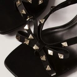 Legend Ellie24 Black Stud Bow Open Toe Slide On Short Heel Shoes