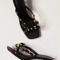 Legend Ellie24 Black Stud Bow Open Toe Slide On Short Heel Shoes